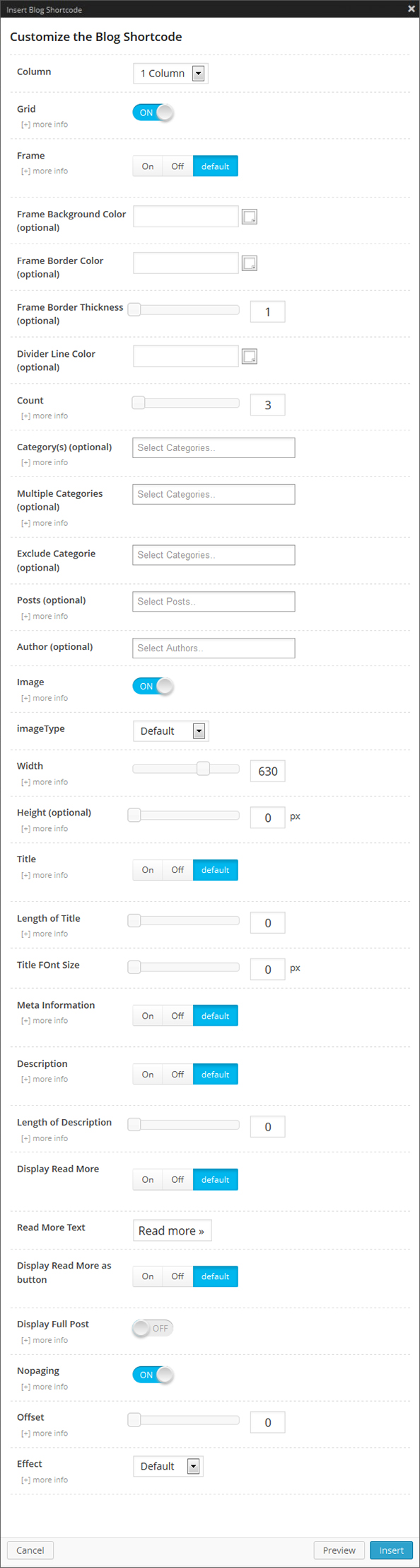 Blog Shortcode Options Panel