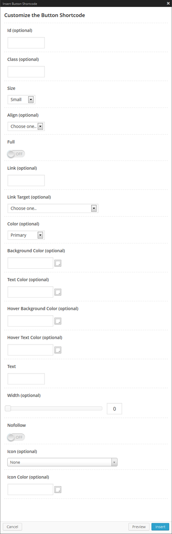Button Shortcode Options Panel