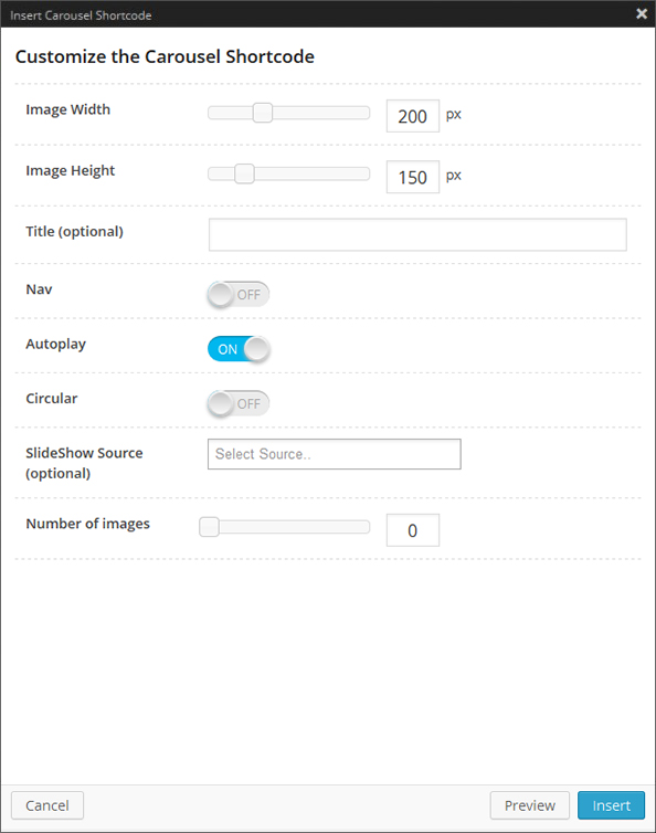 Carousel Slider Shortcode Options Panel