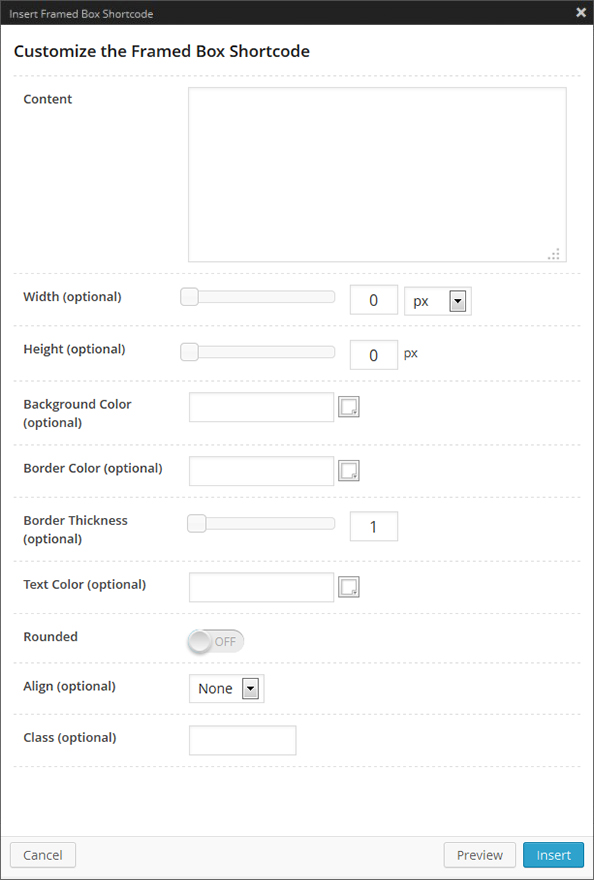 Framed Box Shortcode Options Panel