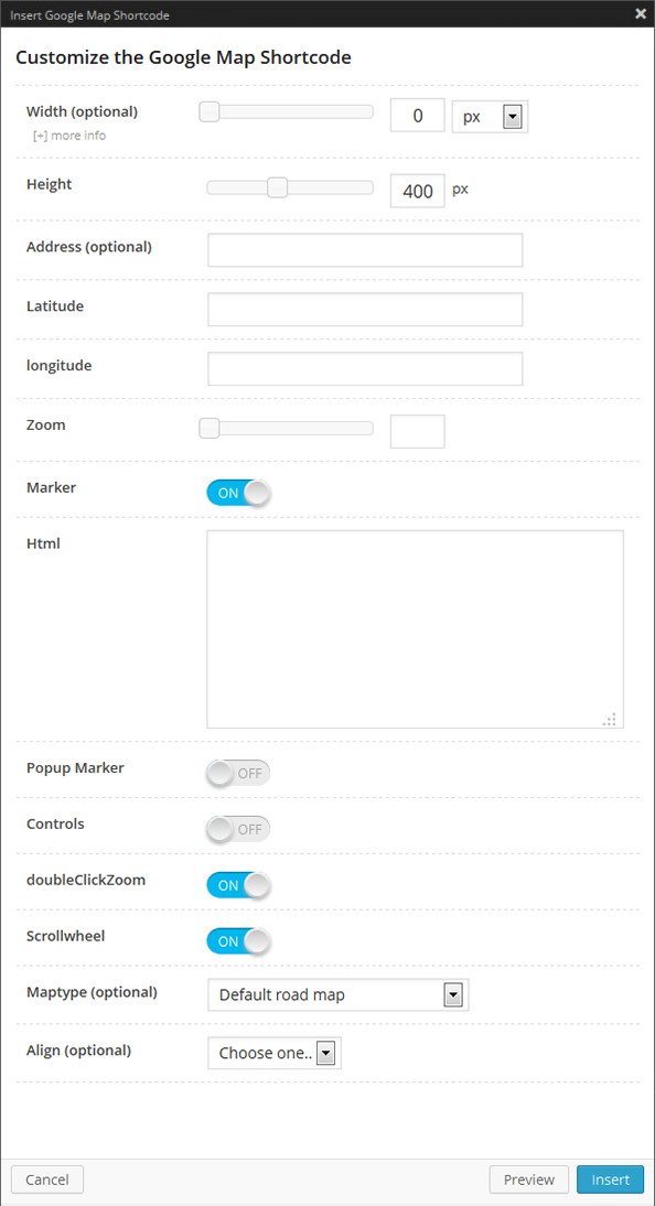 Google Maps Shortcode Options Panel