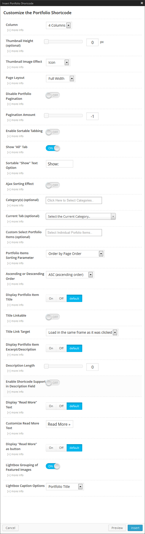 Portfolio Shortcode Options Panel