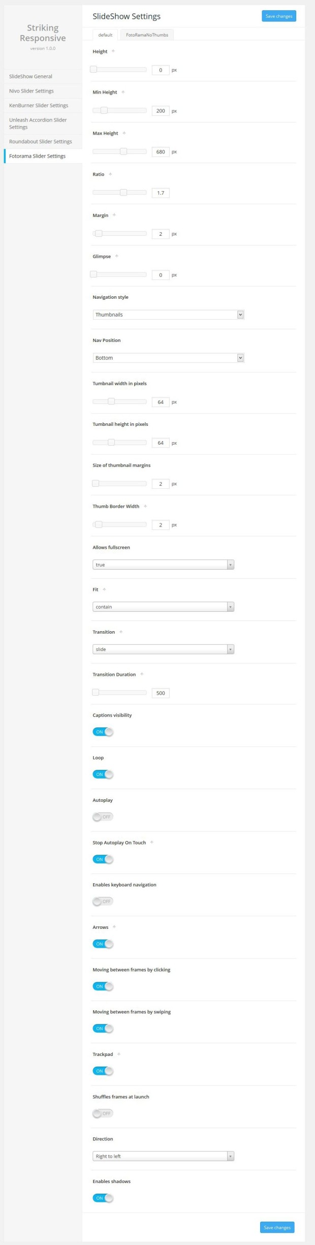 The Fotorama Slidersettings and Presets.