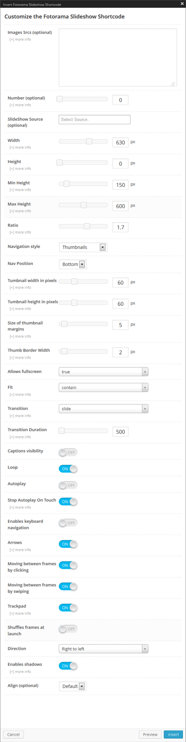 Fotorama Shortcode Options Panel