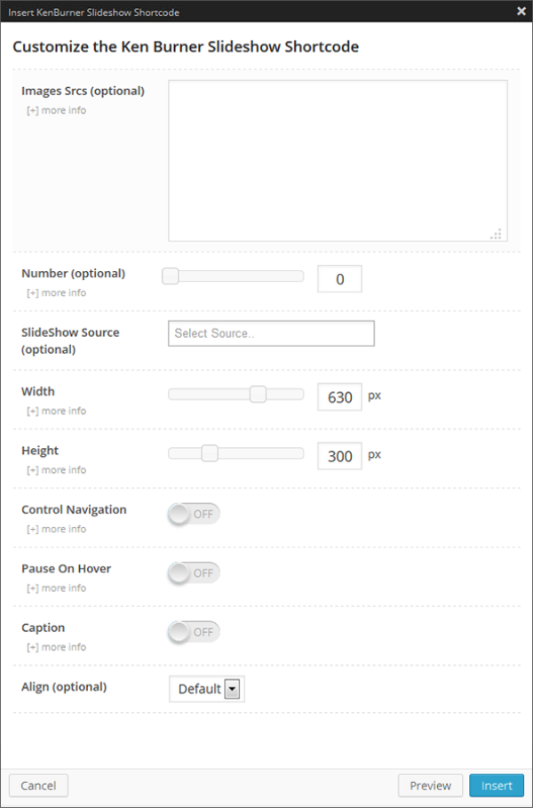 Kenburner Shortcode Options Panel